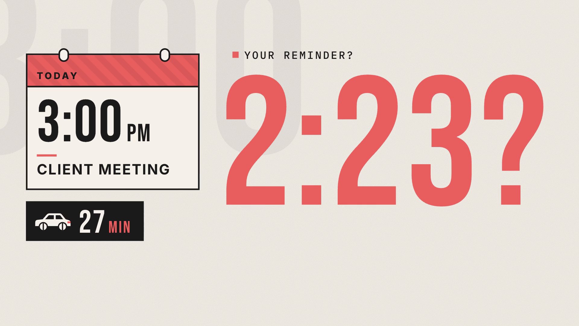 A calendar card reading 3:00 PM next to a giant 2:23 in coral