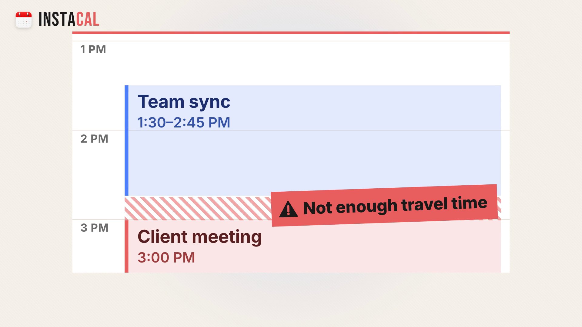 Two events in InstaCal with a warning between them: Not enough travel time