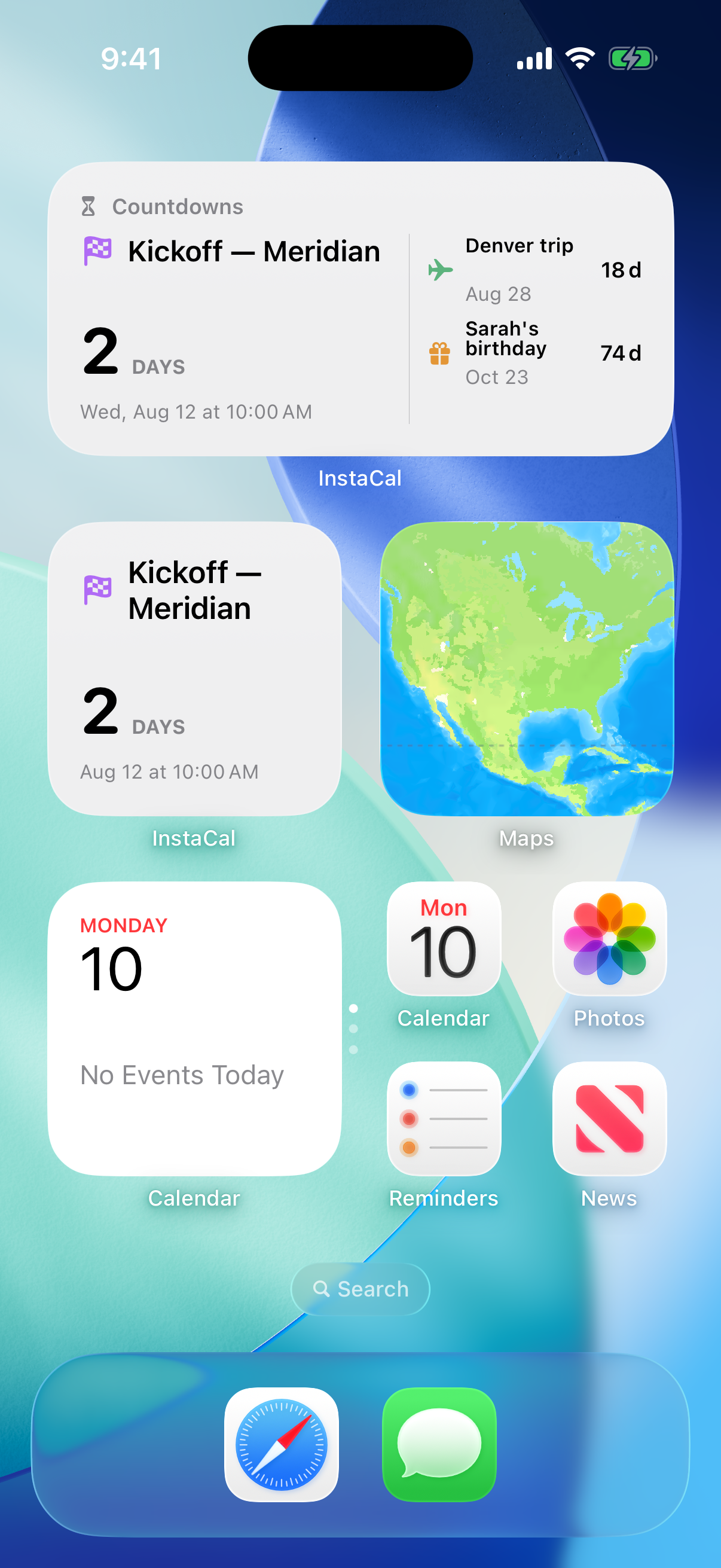 Small and medium InstaCal Countdowns widgets on an iPhone Home Screen