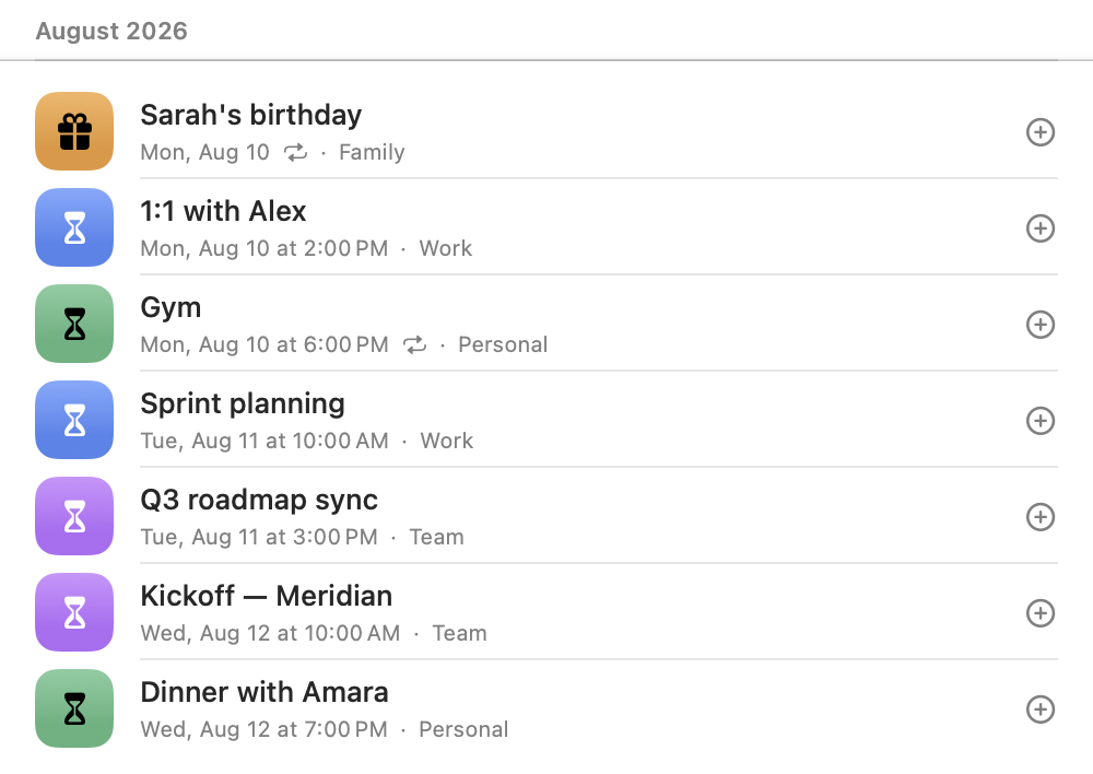 InstaCal's Add to Countdowns picker on Mac listing August 2026 events — Sarah's birthday, 1:1 with Alex, Gym, Sprint planning, Q3 roadmap sync, Kickoff — Meridian and Dinner with Amara — each with an add button