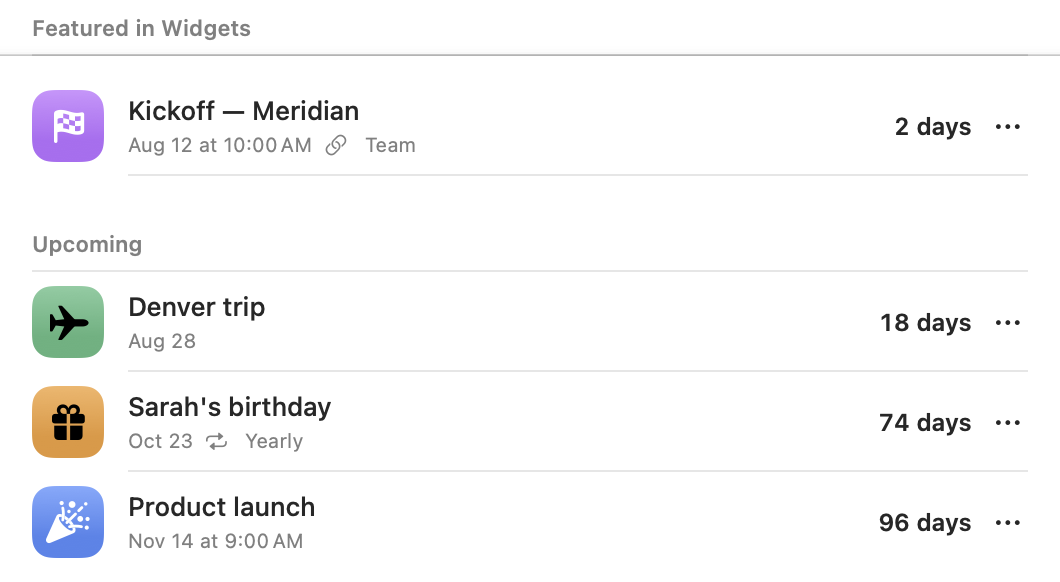 InstaCal's Countdowns manager on Mac with Kickoff — Meridian featured in widgets at 2 days, and Denver trip at 18 days, Sarah's birthday at 74 days and Product launch at 96 days listed under Upcoming