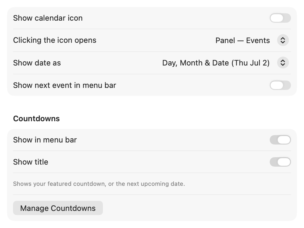 InstaCal's menu bar settings on Mac showing Show calendar icon, Clicking the icon opens, Show date as and Show next event in menu bar, then a Countdowns section with Show in menu bar and Show title turned on above a Manage Countdowns button