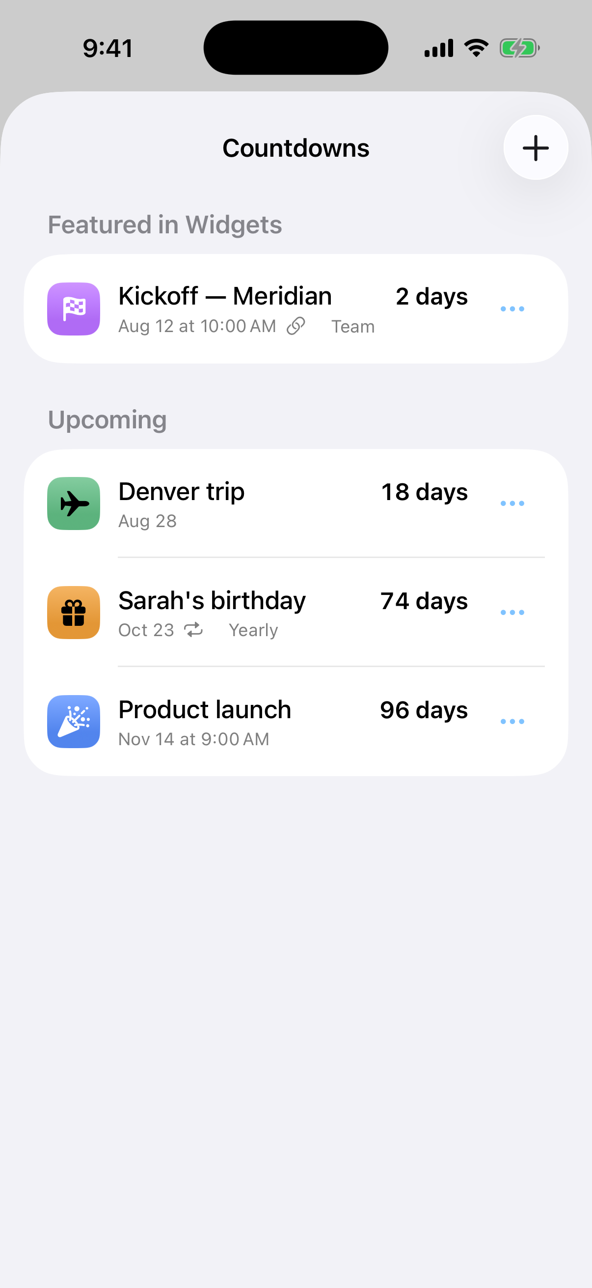 InstaCal Countdowns manager on iPhone with a featured event and upcoming dates