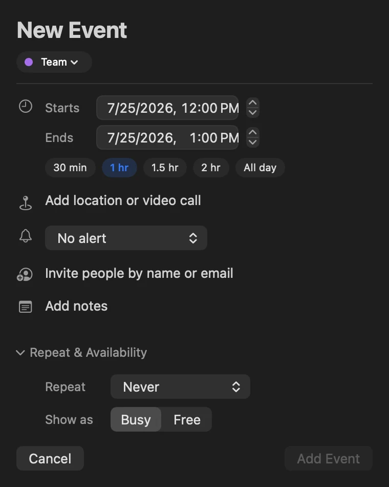 InstaCal event editor with time, location, alerts, invitees and notes