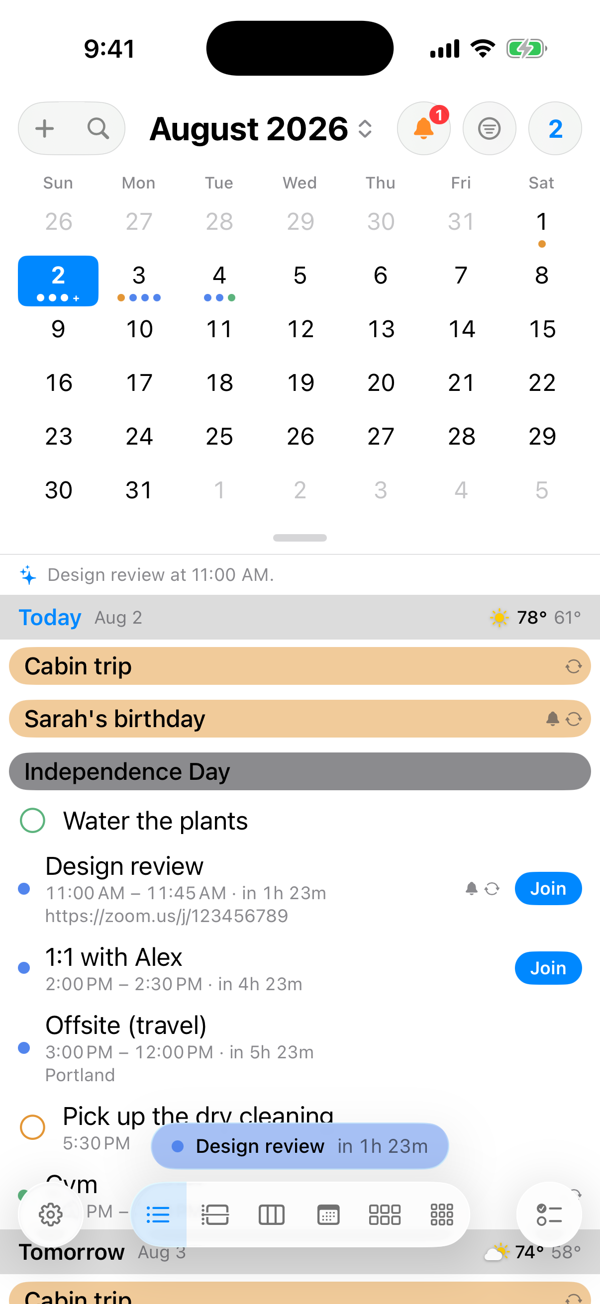 InstaCal on iPhone showing the month, agenda, reminders, weather and one-tap meeting Join buttons
