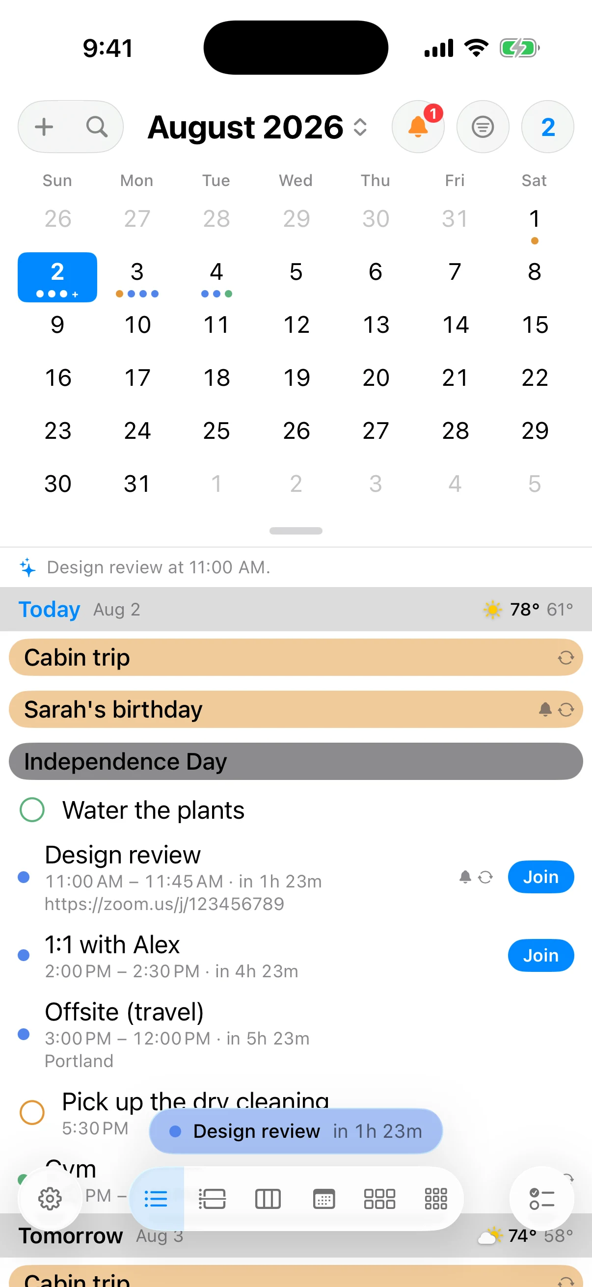 InstaCal Agenda on iPhone with month, events, reminders and weather