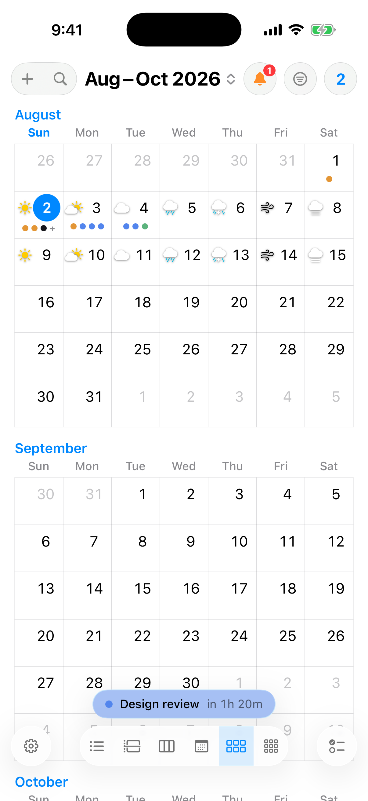 InstaCal on iPhone showing three months in the Quarter view with weather and calendar dots