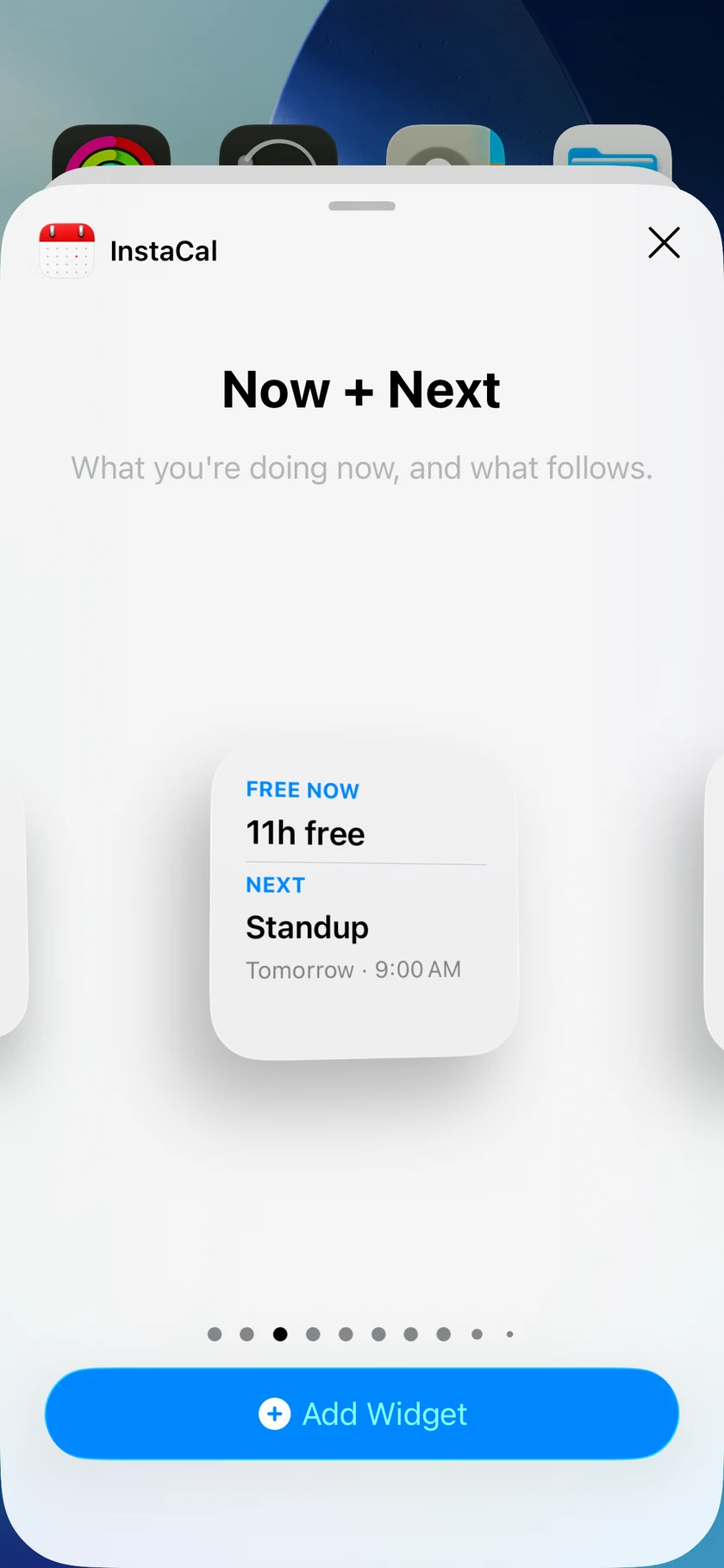 InstaCal Now and Next widget on iPhone