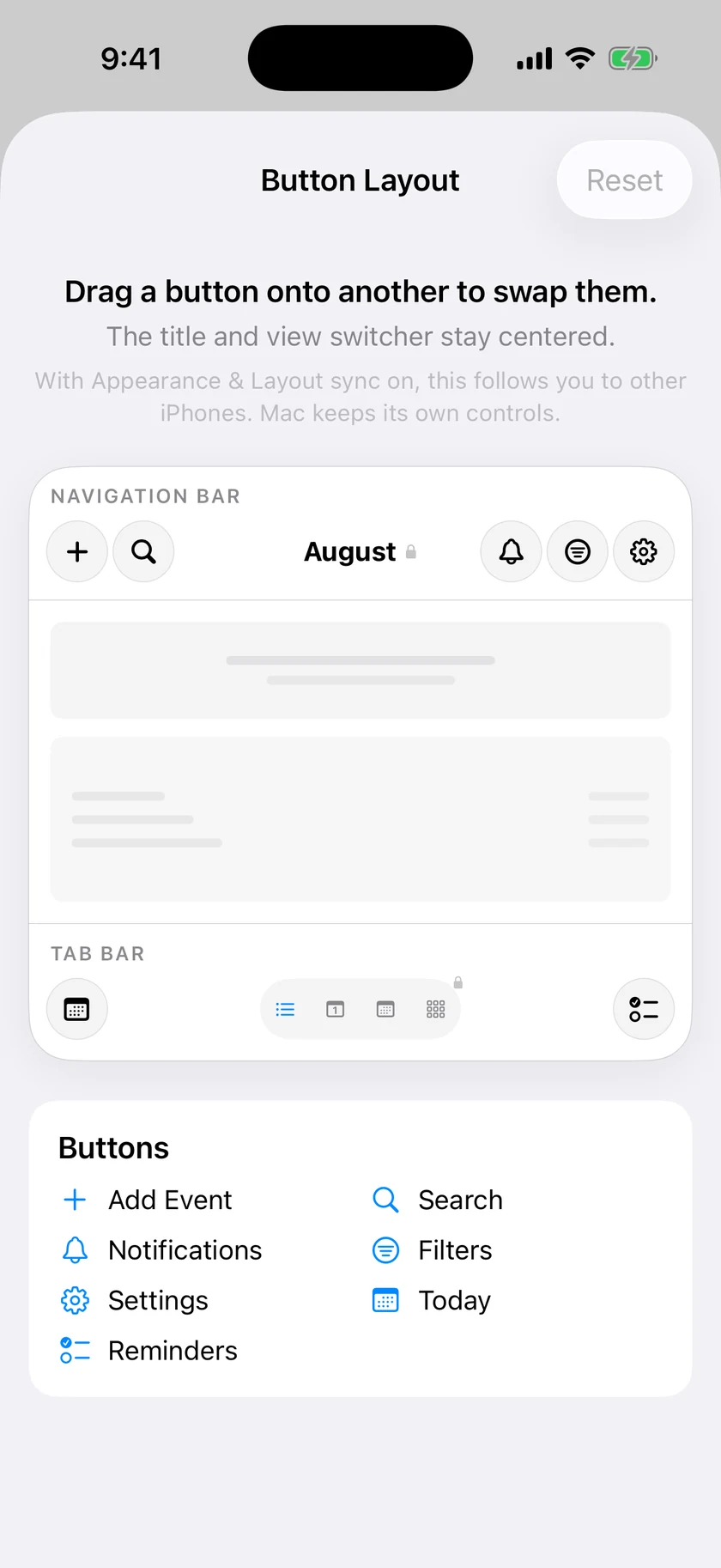 Button Layout editor on iPhone showing seven draggable commands arranged around a fixed August title and view switcher