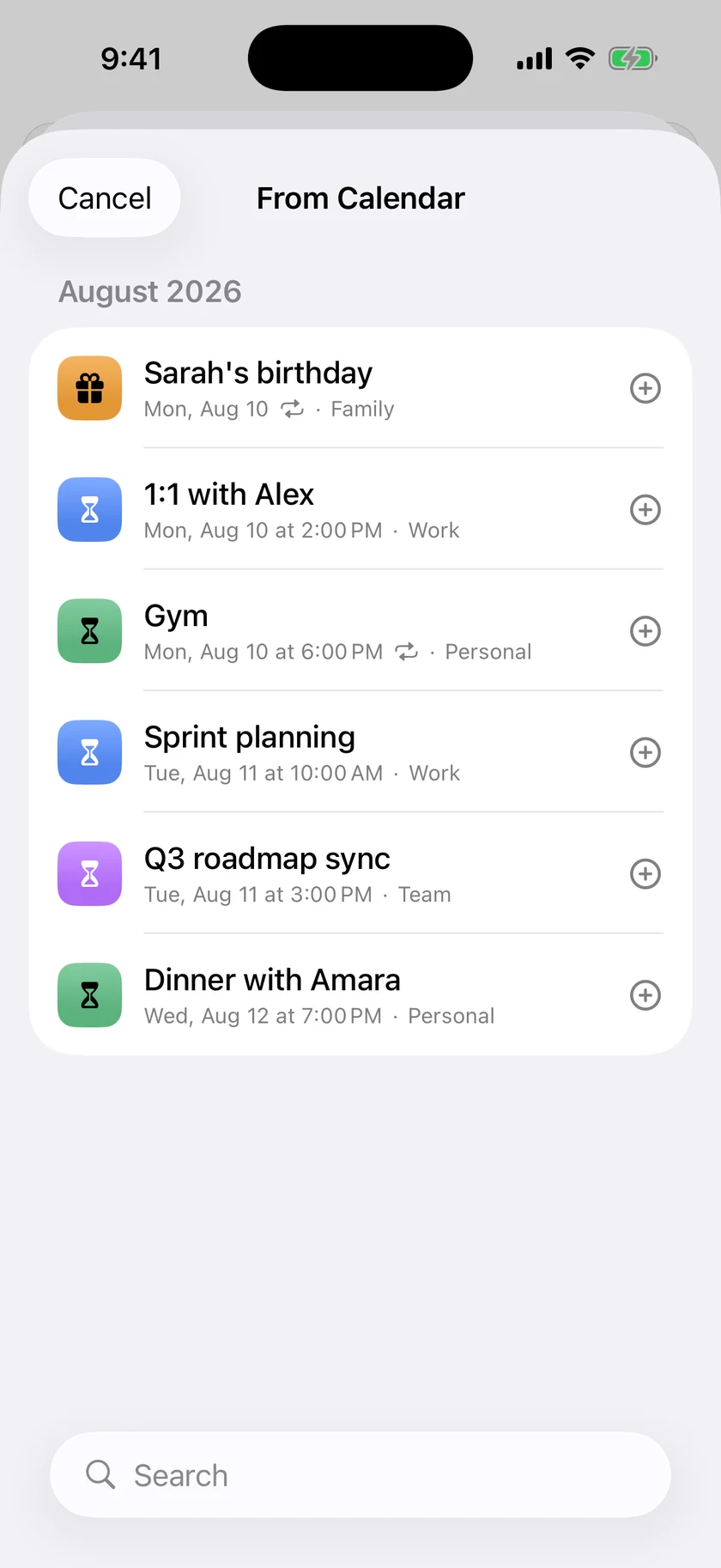 The From Calendar chooser on iPhone listing fictional upcoming events including Sarah's birthday, a one-to-one meeting, Gym and Sprint planning