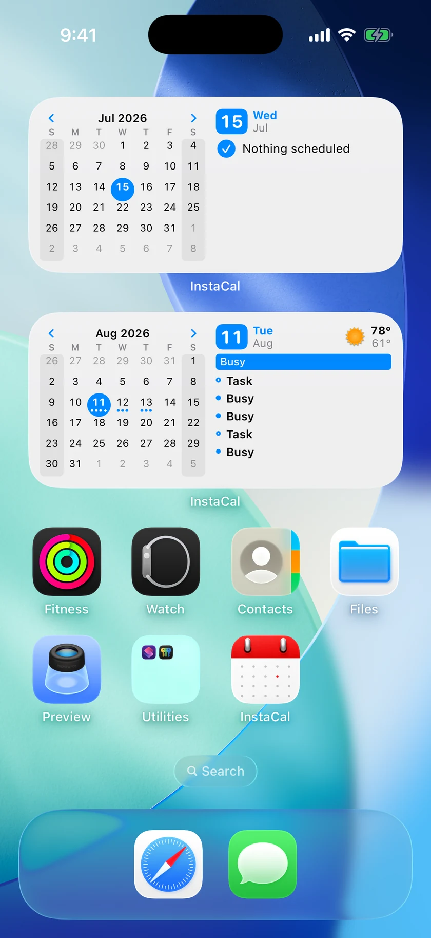 Two legible Up Next and Calendar widgets on an iPhone Home Screen, the upper copy browsing July 15 and the lower copy showing August 11 in Busy Only privacy mode