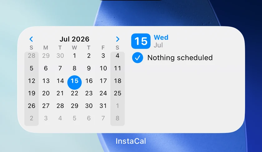 Interactive Up Next and Calendar widget with month arrows, July 2026 title, July 15 selected and a matching Wednesday July 15 agenda
