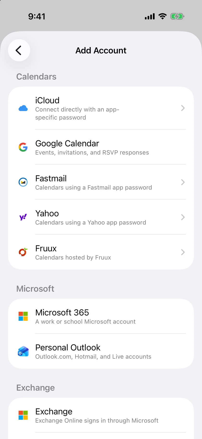 The Add Account screen on iPhone showing the Calendars group with iCloud, Google Calendar, Fastmail, Yahoo and Fruux, the Microsoft group with Microsoft 365 and Personal Outlook, and the start of the Exchange group