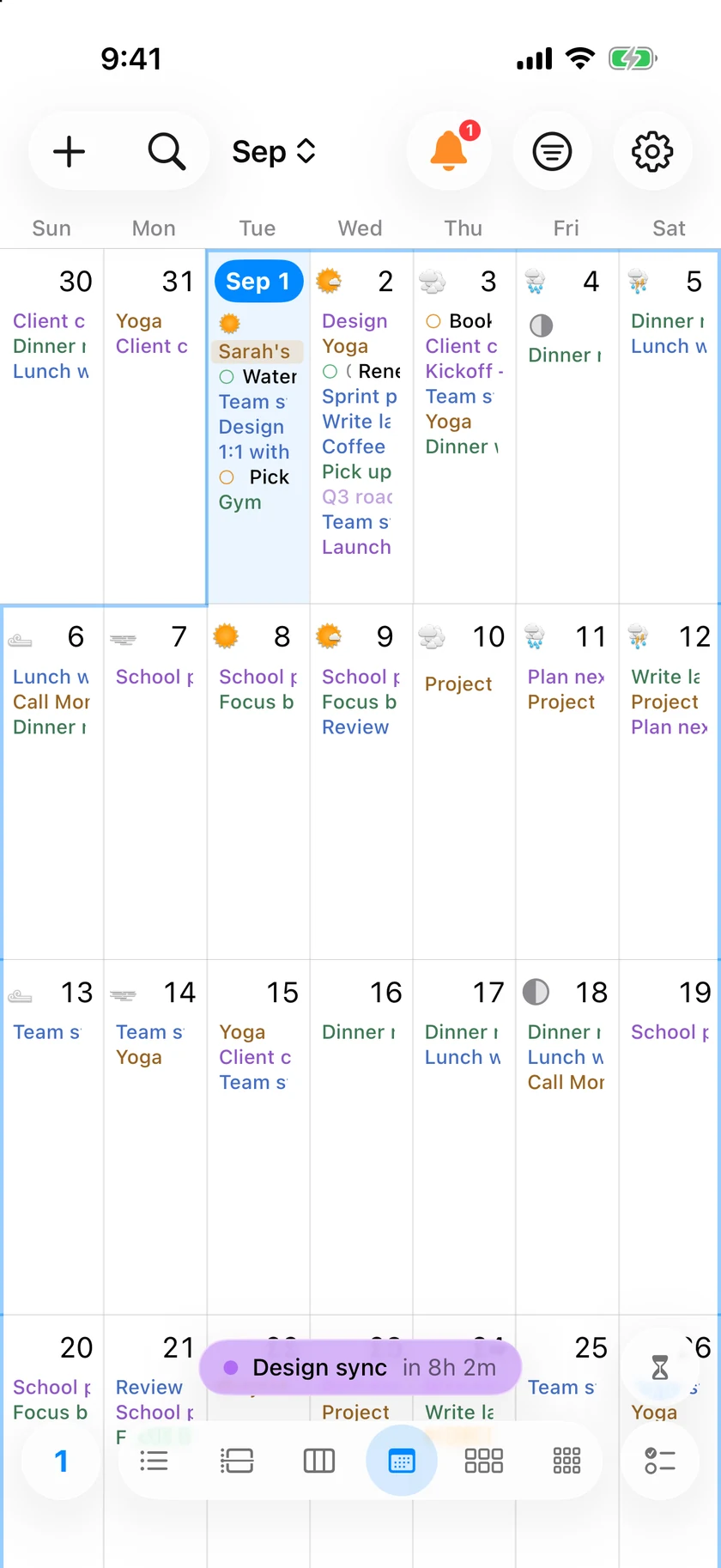 InstaCal's Month view on iPhone with Weeks Visible set to three, so the weeks of August 30, September 6 and September 13 fill the screen and Tuesday September 1 lists six event titles including Sarah's birthday, Team standup and Design review