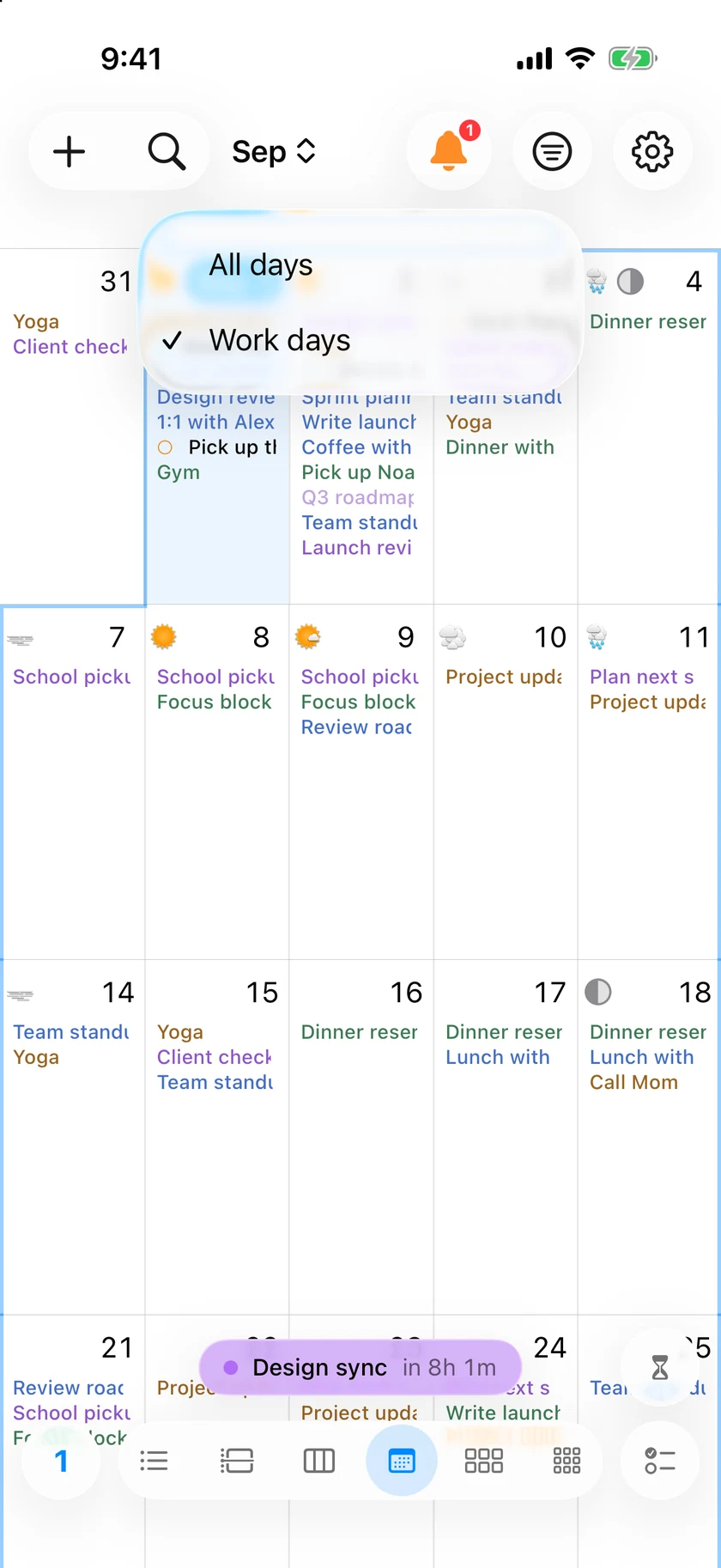 InstaCal's Month view on iPhone showing only Monday through Friday columns, with the weekday header's menu open offering All days and Work days and Work days checked