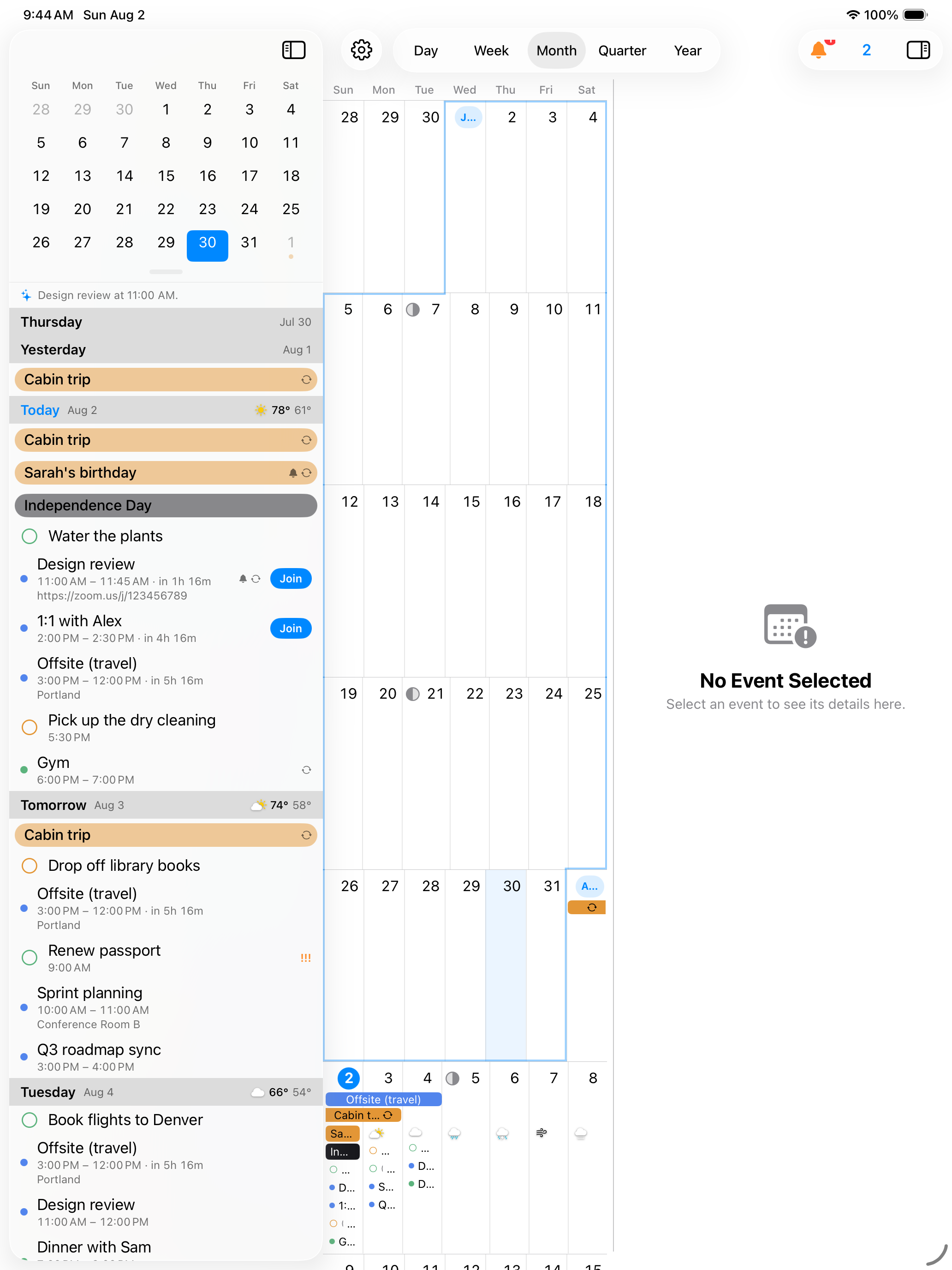InstaCal on iPad with a three-pane agenda, month calendar and event inspector workspace