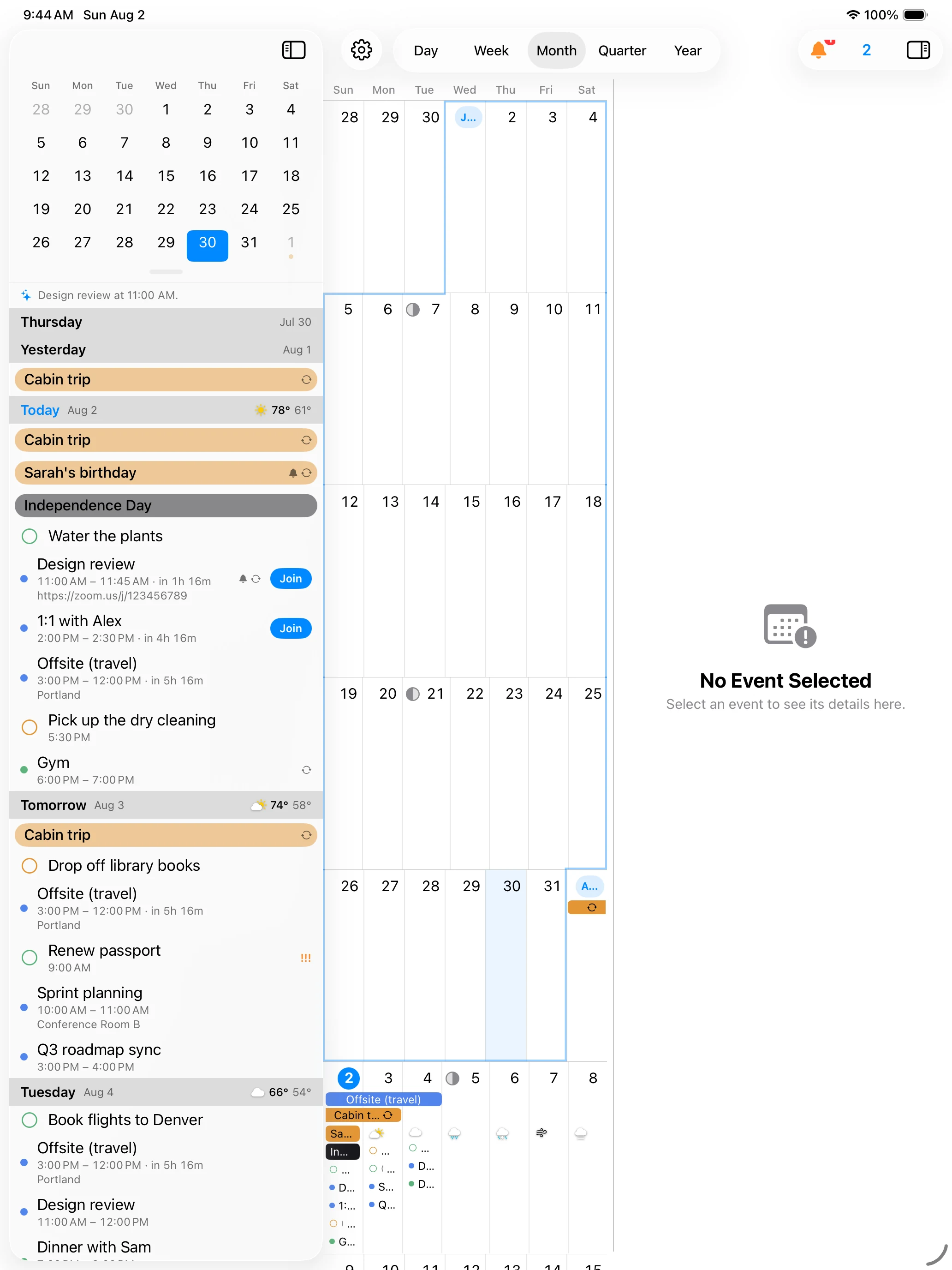 InstaCal iPad workspace showing agenda, month and event inspector