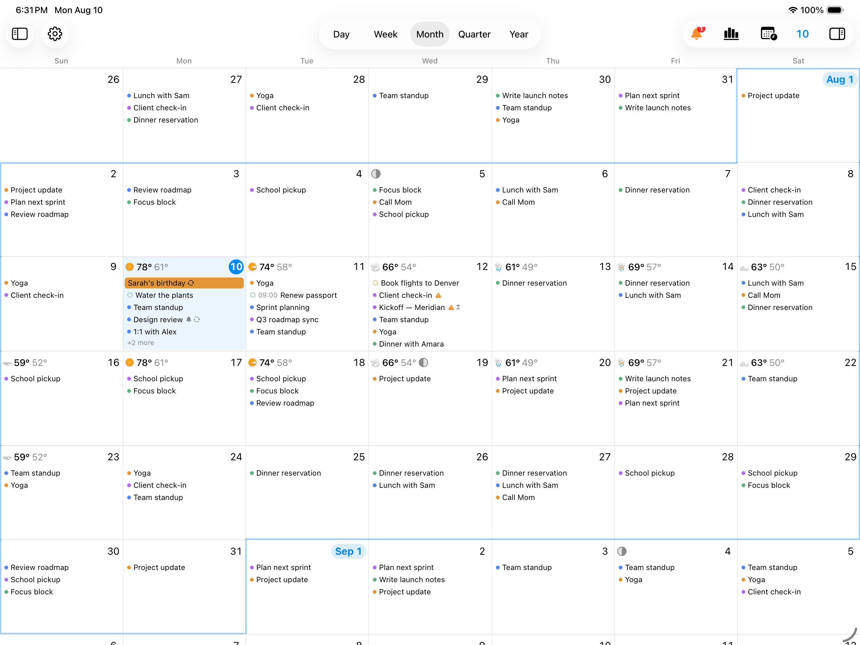 InstaCal Month filling a landscape iPad with the side panels hidden