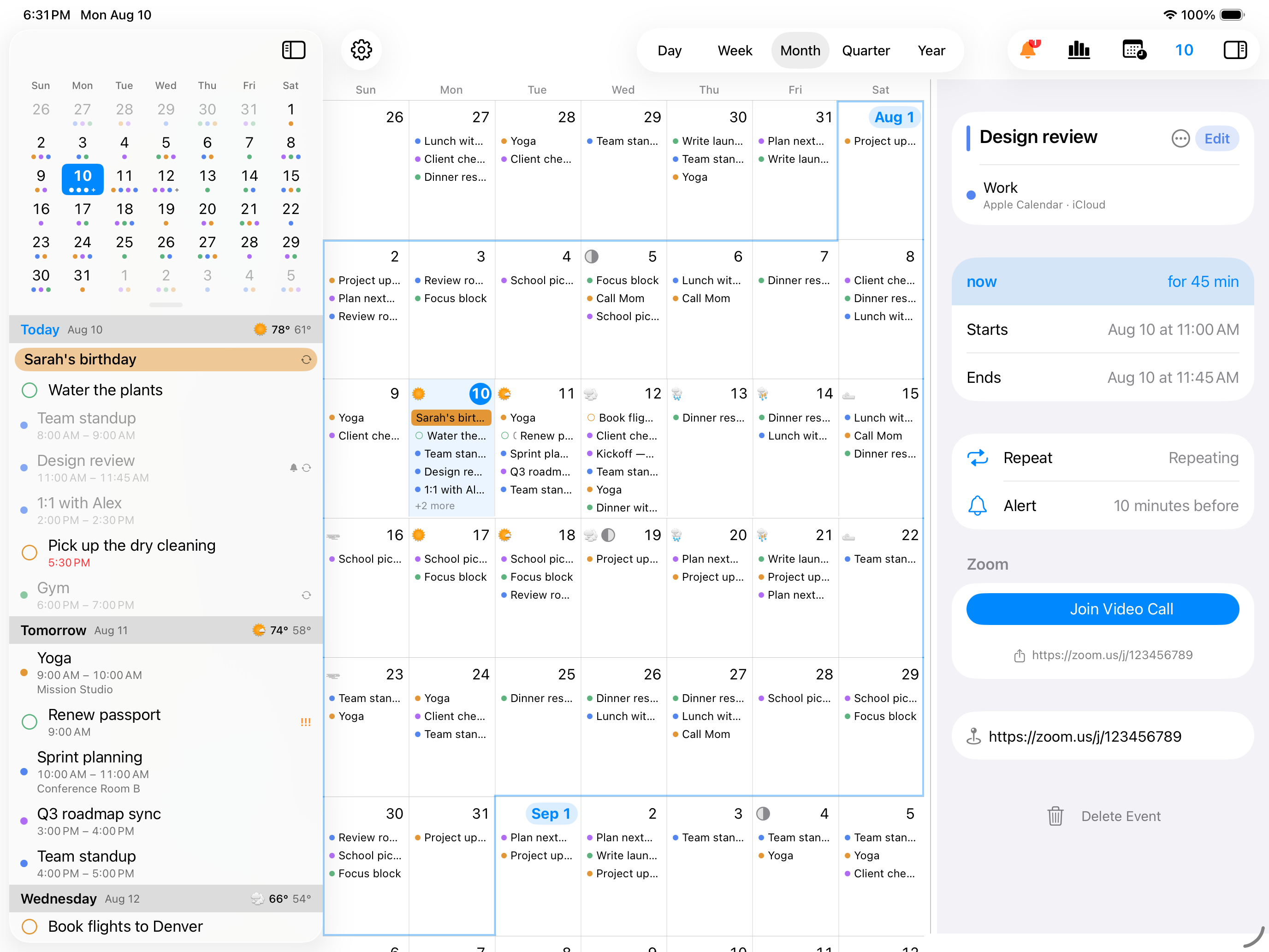 InstaCal landscape Month workspace on iPad with the agenda and event inspector visible together