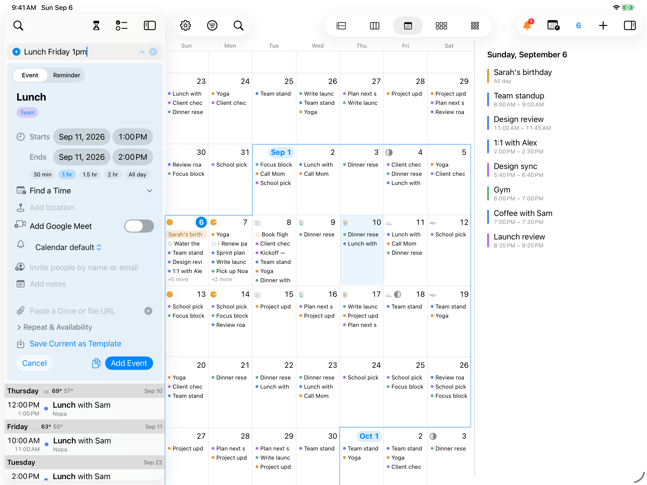 InstaCal on a landscape iPad with the sidebar's search-and-quick-add field holding “Lunch Friday 1pm”, a filled-in event card underneath it reading Lunch on Sep 11 from 1:00 to 2:00 PM, matching events listed below that, the Month grid beside it and the day's agenda on the right