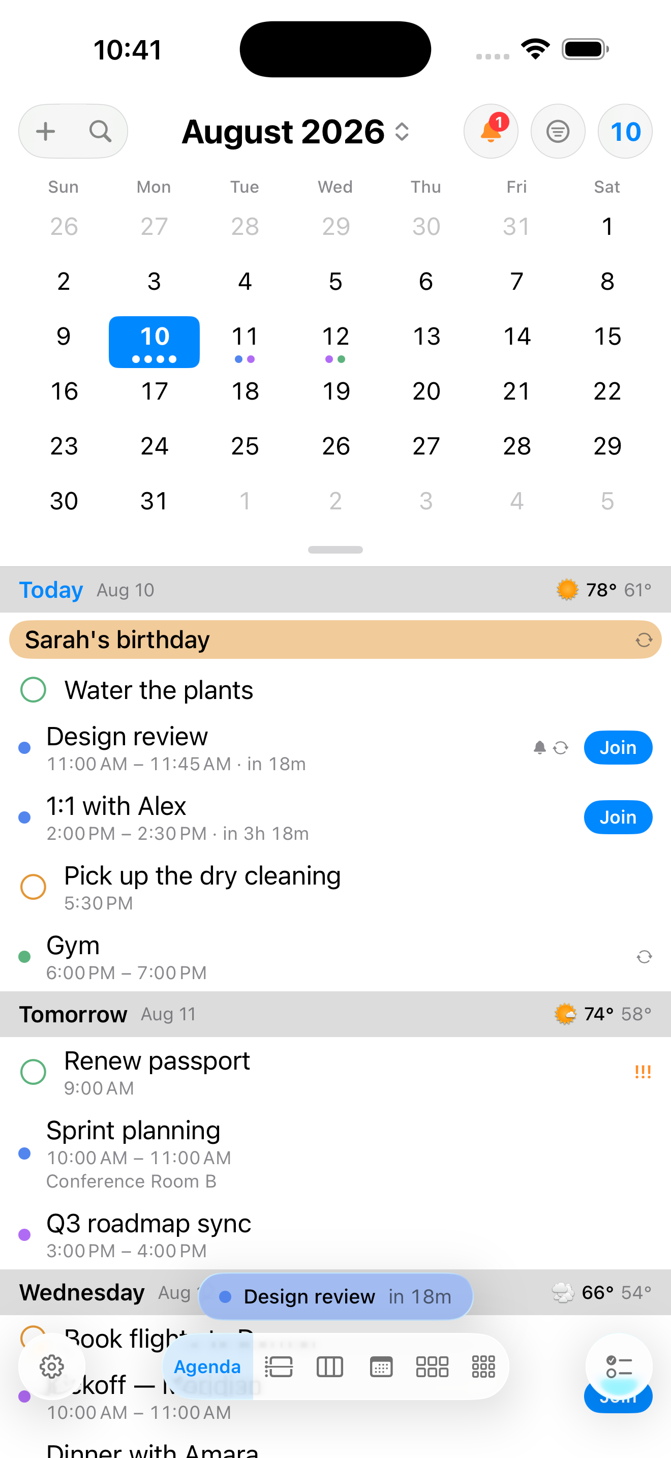 InstaCal Agenda on iPhone with a mini month, weather, events, reminders and a meeting Join button