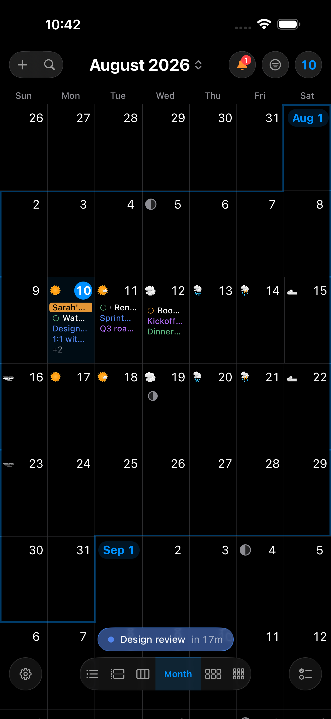 InstaCal Month view on iPhone in dark mode with weather, moon phases and event bars