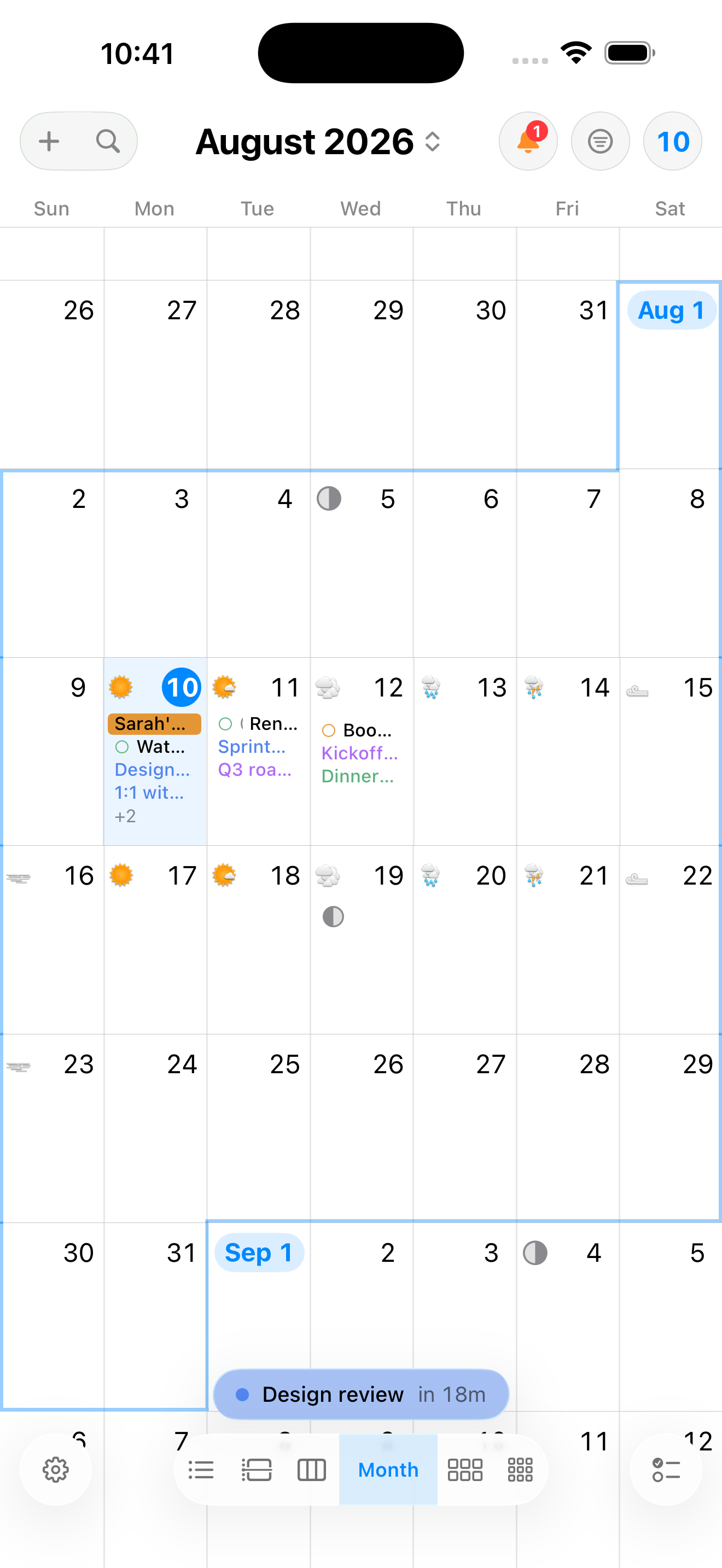 InstaCal Month view on iPhone with weather and event bars