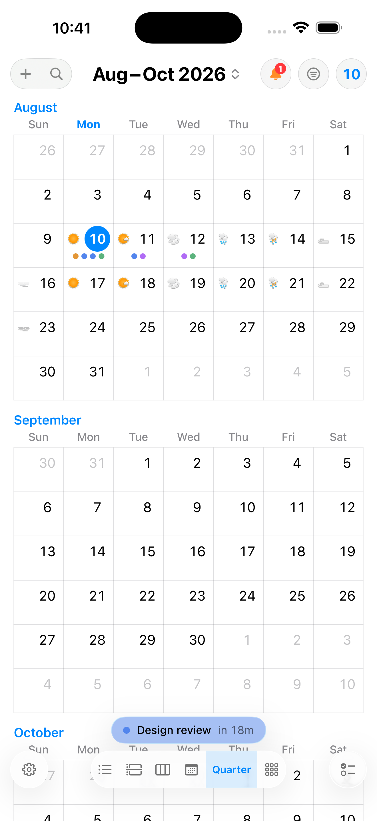 InstaCal Quarter view on iPhone showing three months