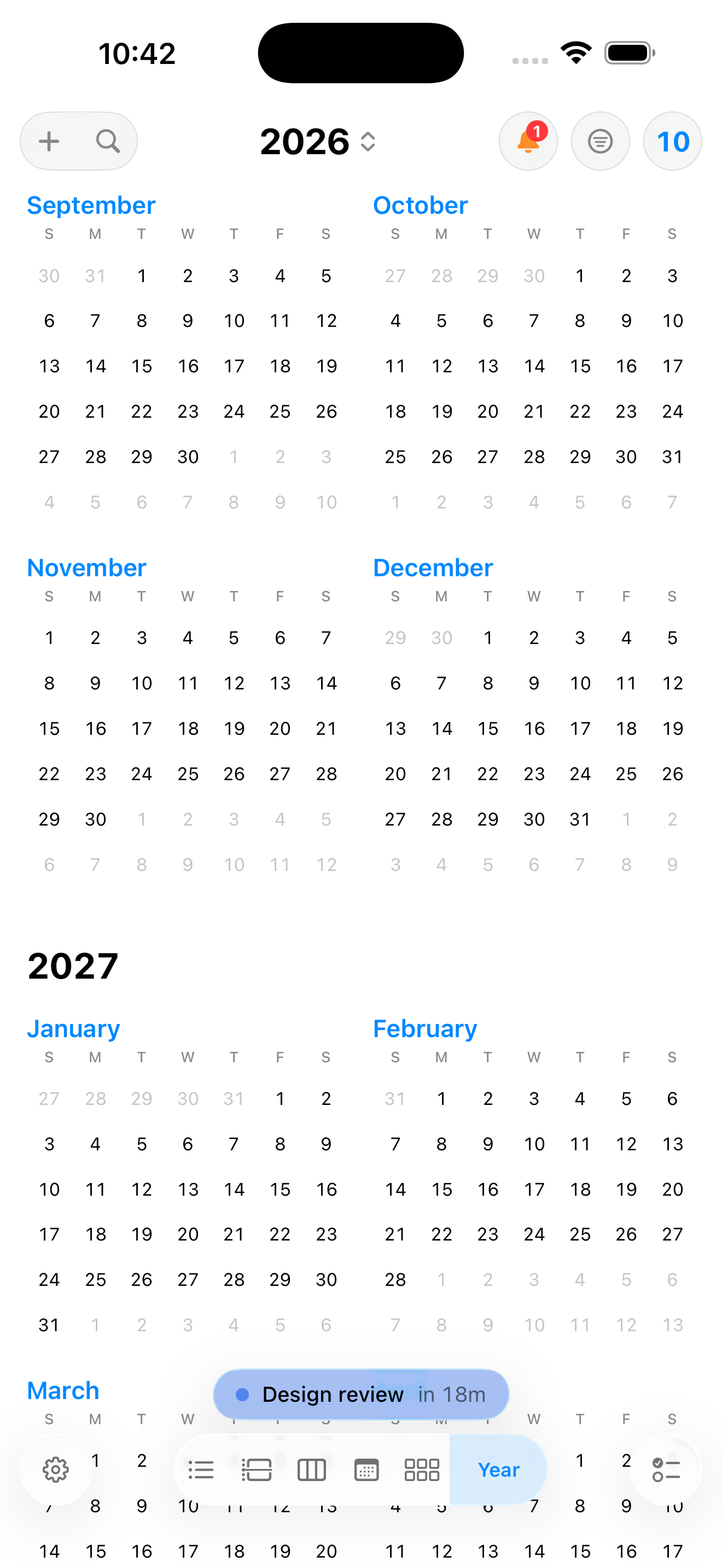 InstaCal Year view on iPhone
