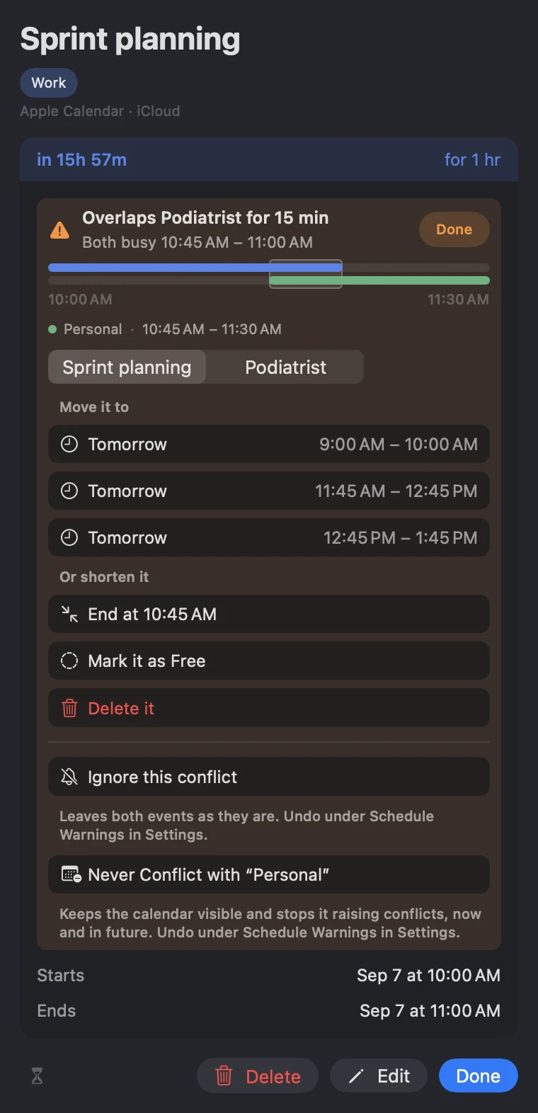 InstaCal's event card on Mac with a conflict card reading “Overlaps Podiatrist for 15 min” over “Both busy 10:45 AM – 11:00 AM”, both events drawn as bars on one timeline, and the ways out open beneath it — three open times to move to, ending it early, marking it free, deleting it, ignoring the conflict, or never conflicting with the Personal calendar