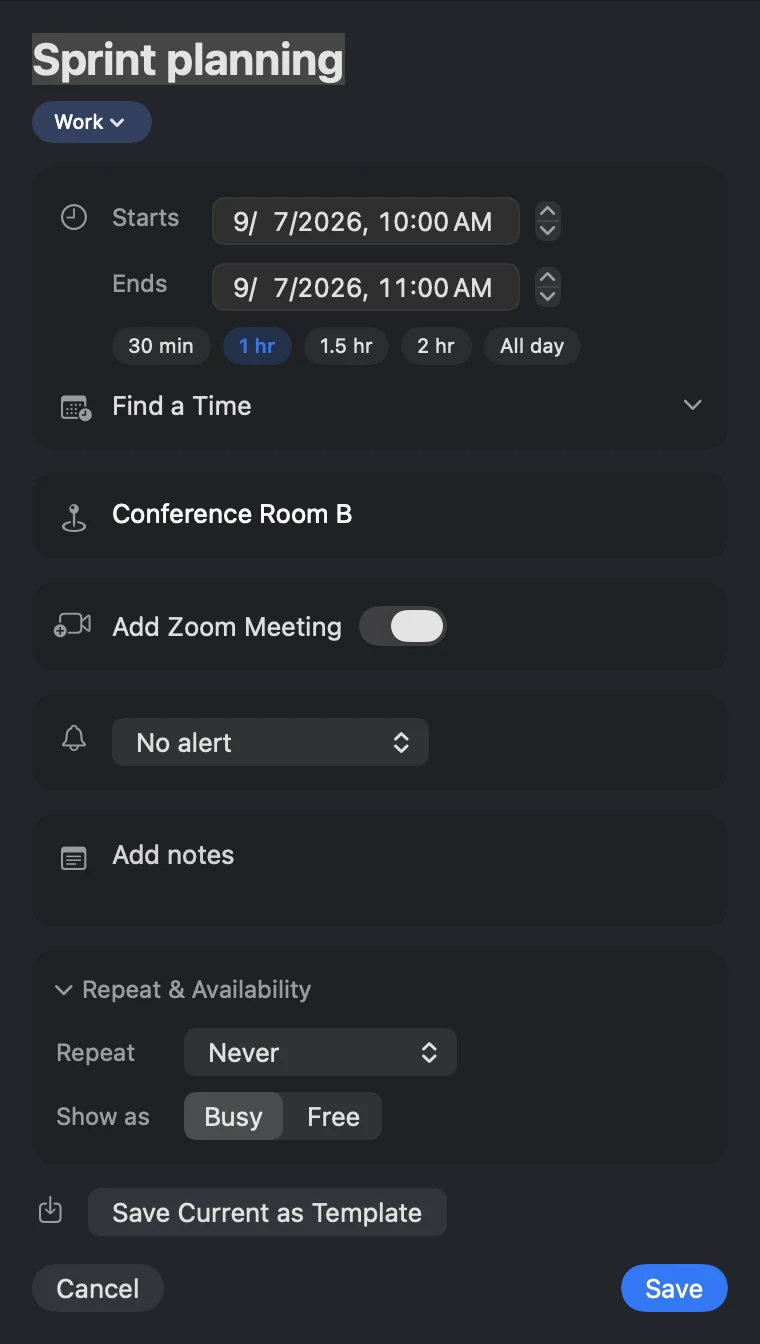 InstaCal's event editor on Mac for an event on the Work calendar in iCloud, with an Add Zoom Meeting row switched on between the location and alert rows
