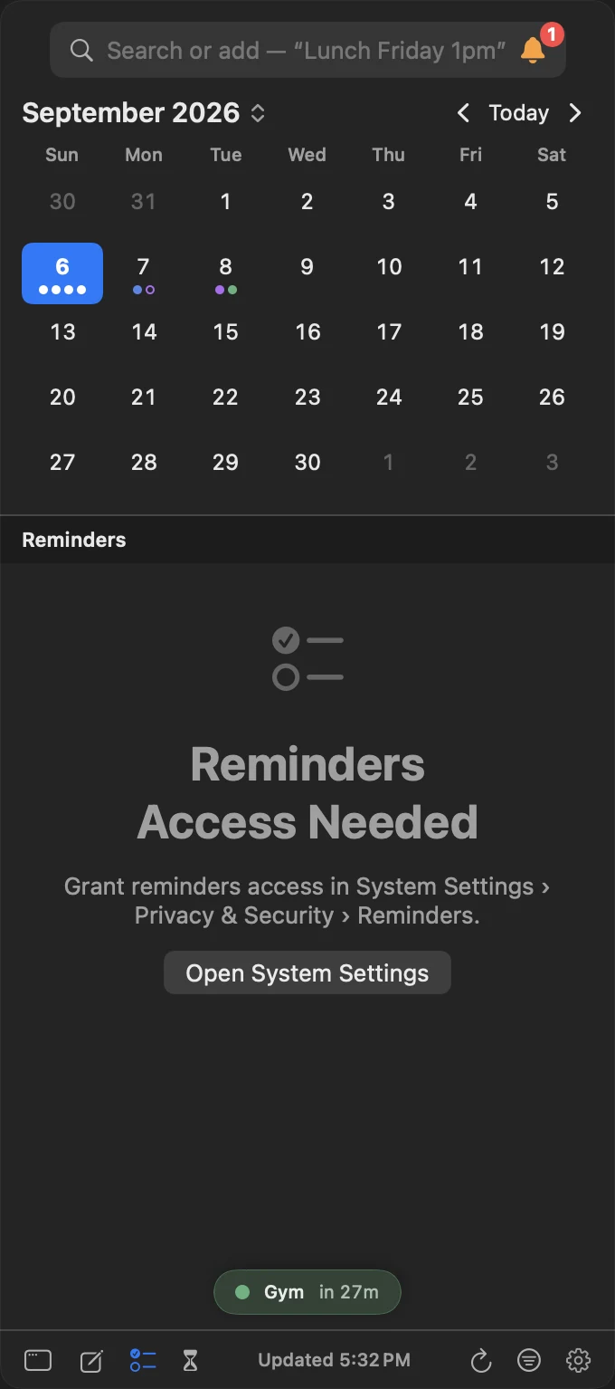 InstaCal’s Mac panel showing Reminders Access Needed with an Open System Settings button