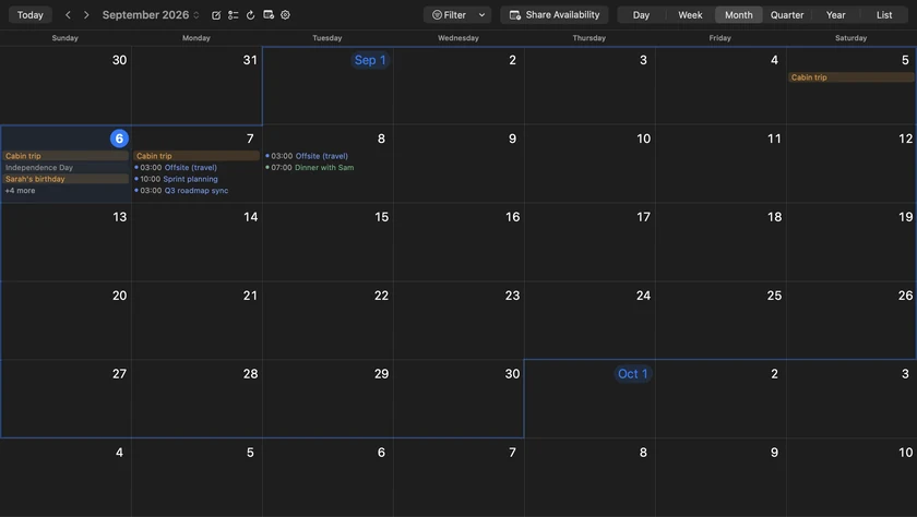 InstaCal calendar window with the sidebar hidden and the toolbar buttons beside the month title