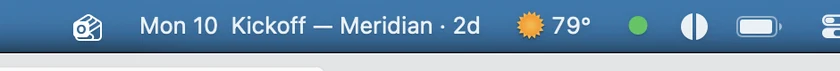 The InstaCal menu bar status item showing Monday the 10th and the featured Kickoff — Meridian countdown at 2 days