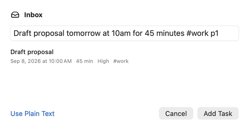 InstaCal's floating task entry panel on Mac with a proposal draft recognized for tomorrow at 10 AM for 45 minutes, high priority and the work tag