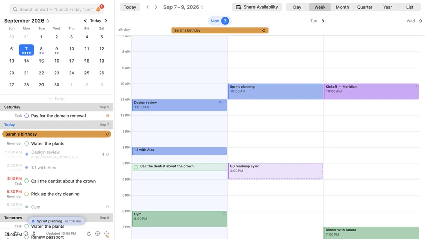 InstaCal's Week view on Mac showing a green dentist task block at 3 PM beside sample meetings
