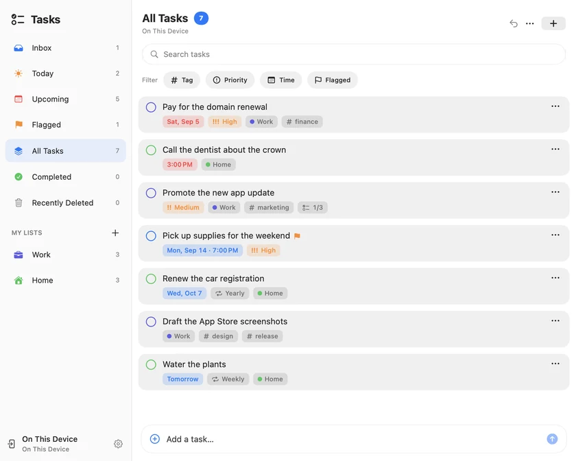 InstaCal's Tasks window on Mac with Work and Home lists and task cards showing dates, priorities, tags and checklist progress