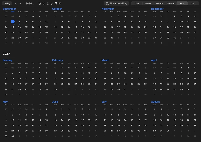 InstaCal's Year view on Mac with colored event dots under dates in September and no heat-map shading