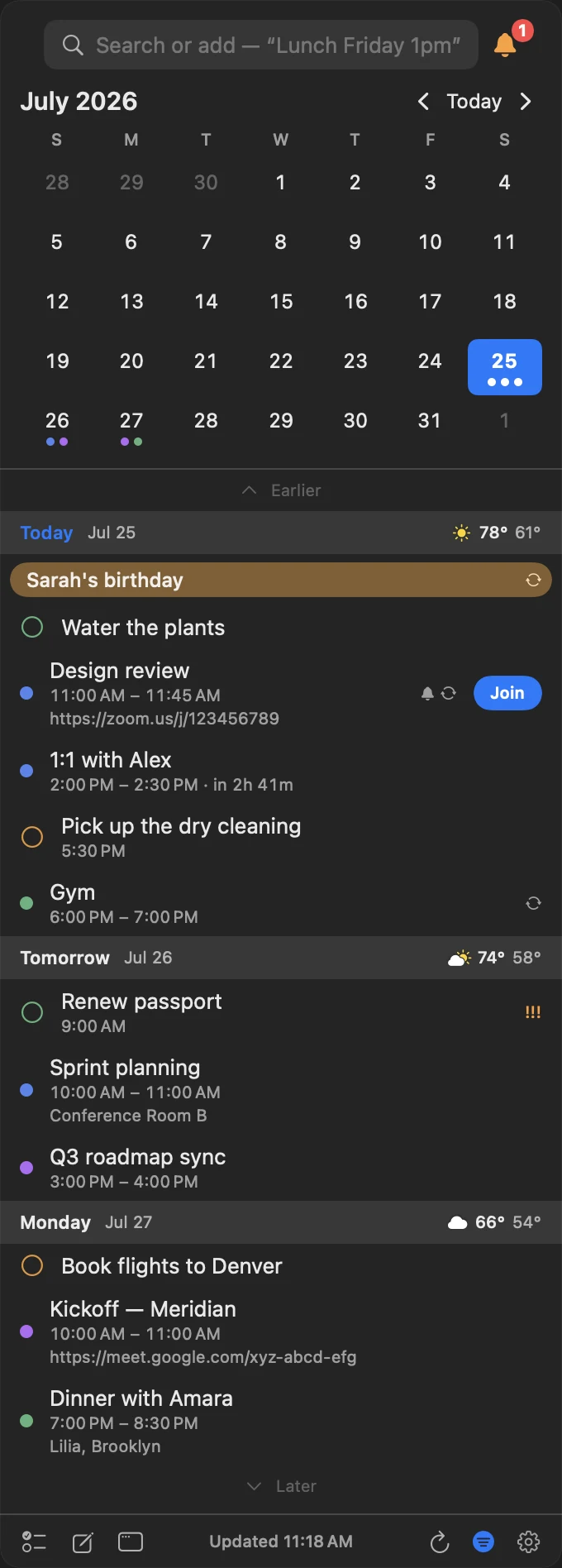 InstaCal menu bar panel with a month grid, agenda, reminder and Join button