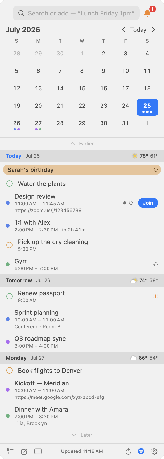 The InstaCal panel open in the macOS menu bar: a July month grid above an agenda showing today's events with a live countdown, a Zoom link, due reminders, and weather in each day header