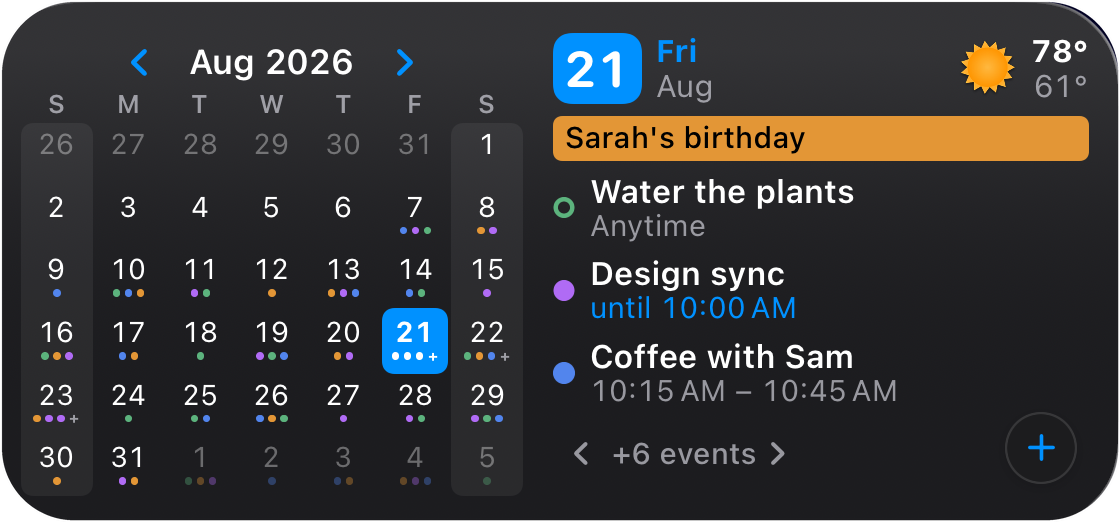 The widget in dark mode: the same month grid and agenda on a near-black card, with the sun icon and 78-degree high still in the header