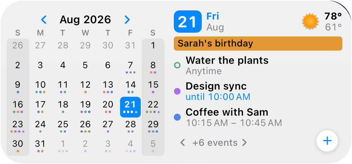 The medium Up Next + Calendar widget: August 2026 month grid with event dots beside today's agenda