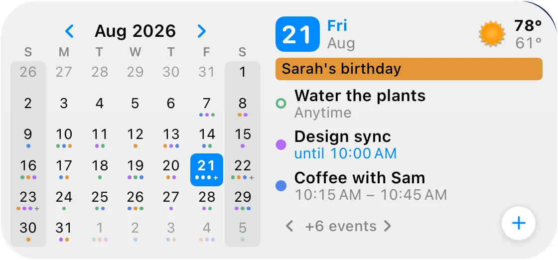 The medium Up Next + Calendar widget: August 2026 month grid with event dots beside today's agenda