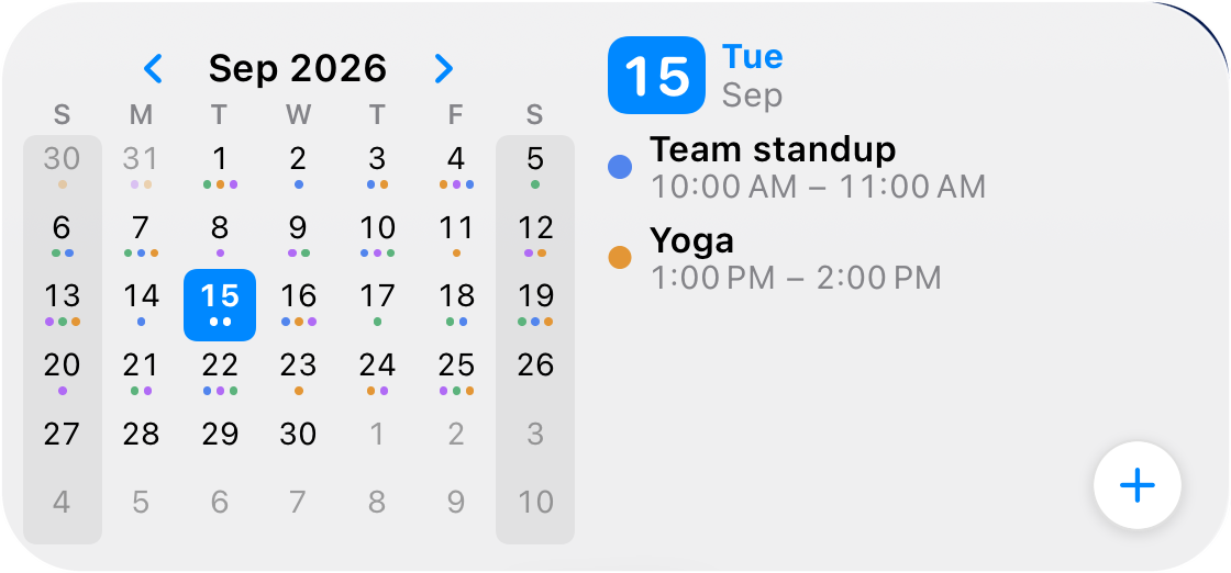 After tapping the month arrow: September 2026 fills the grid and the agenda shows Tuesday September 15 — Team standup and Yoga