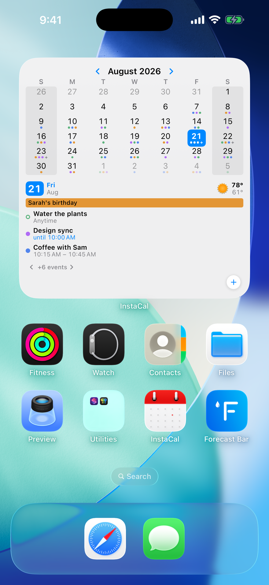 An iPhone Home Screen filled by the large Up Next + Calendar widget: an August 2026 month grid with colored event dots above today's agenda — Sarah's birthday, a reminder, Design sync until 10:00 AM and Coffee with Sam at 10:15