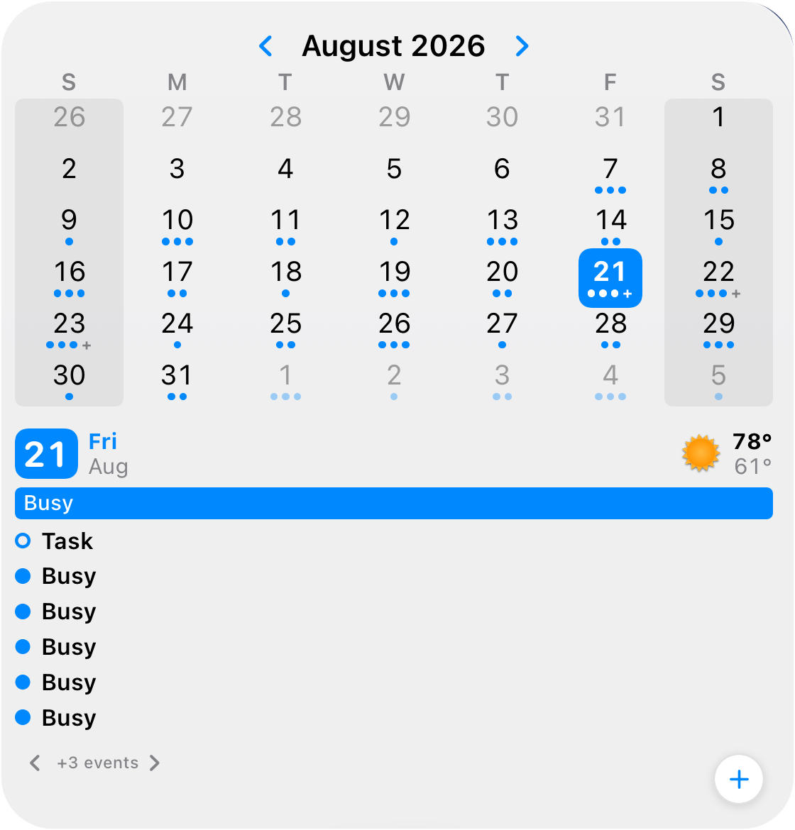 Busy Only mode on the large widget: the agenda shows anonymous 'Busy' bars and a 'Task' ring instead of titles, and every month dot is one neutral color