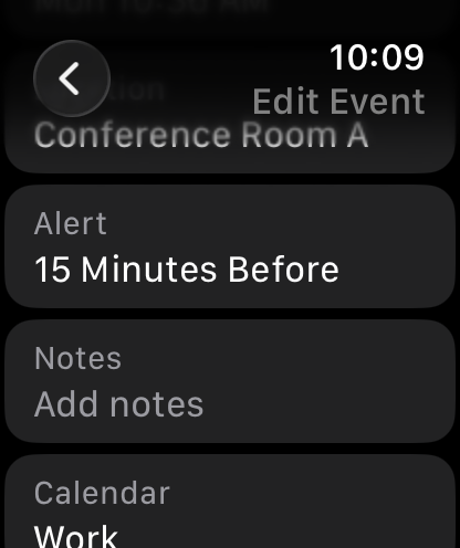 InstaCal event editor on a 46 millimeter Apple Watch