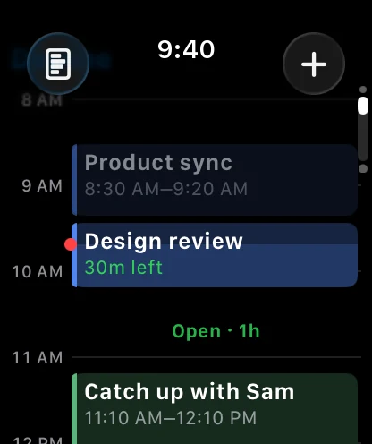 Dayline on Apple Watch drawing the day to scale, with the meeting in progress, a named open hour and lunch