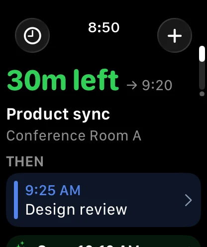 Meetings layout: time left in Product sync, then Design review