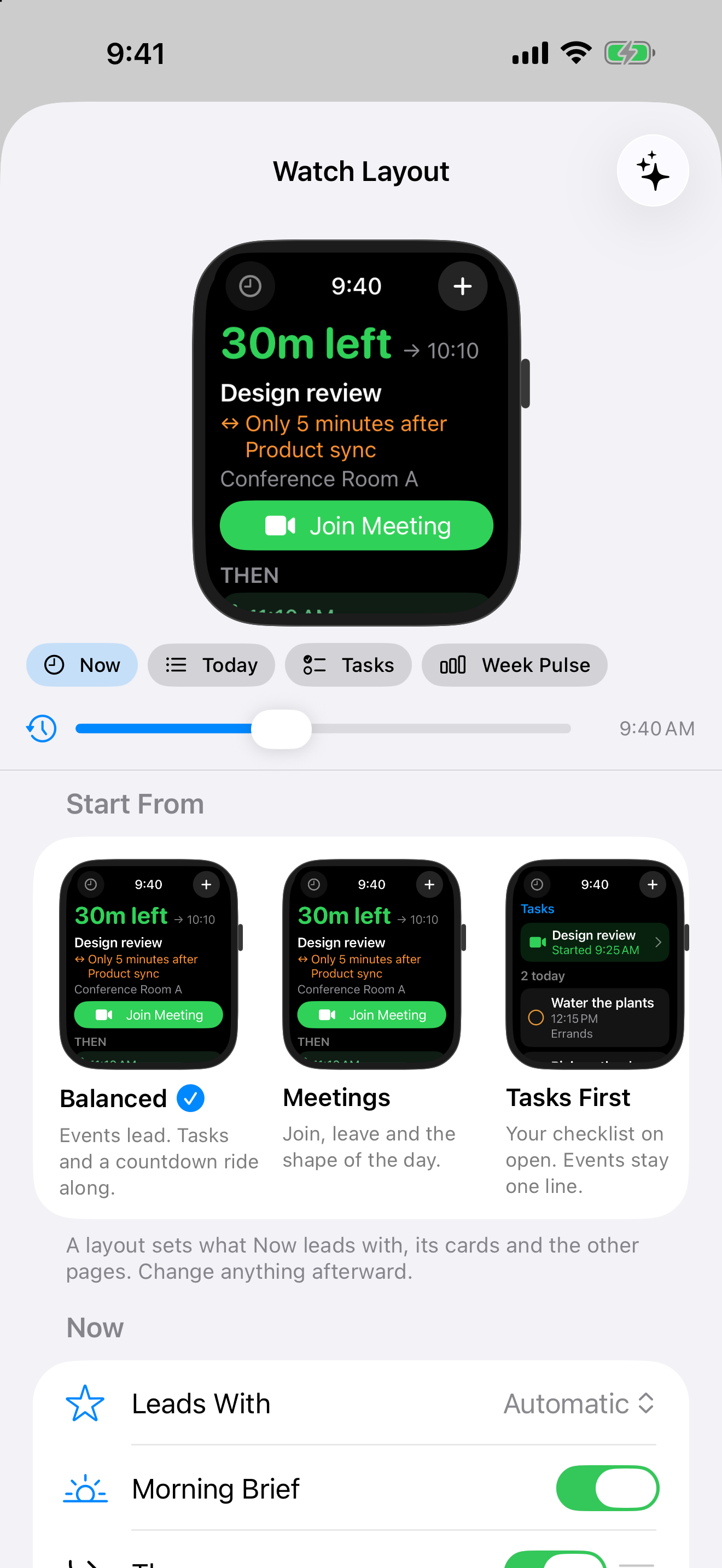 InstaCal on iPhone previewing the Apple Watch layout, with a time slider and layout choices